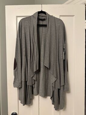 Draped Open-Front Grey Cardigan with Elbow Patches